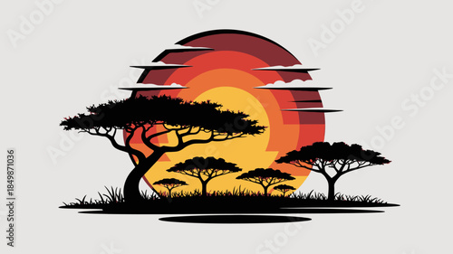 Vibrant Savanna Sunset Vector. African Landscape with Acacia Tree Silhouettes & Gradient Horizon.