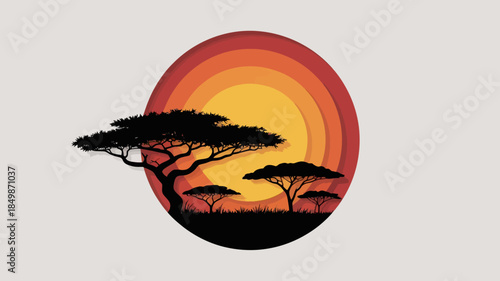 African Savanna Sunset Horizon Illustration. Safari Nature Landscape with Acacia Trees Silhouettes