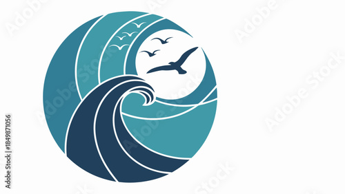Coastal Brand Mark: Stylized Ocean Wave, Seagulls, Crescent Sun, Nautical Vector Art