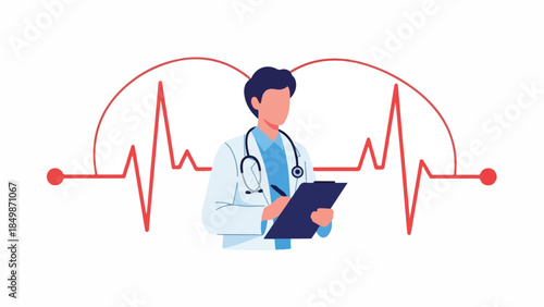 Doctor with stethoscope and clipboard, set against a red heartbeat line, symbolizing professional medical consultation, health monitoring, and expert diagnostic services
