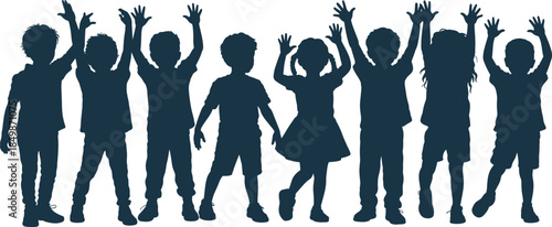 Children silhouette vector set, black group illustration, raised hands pose, playful kids design, school activity icon, childhood motion concept