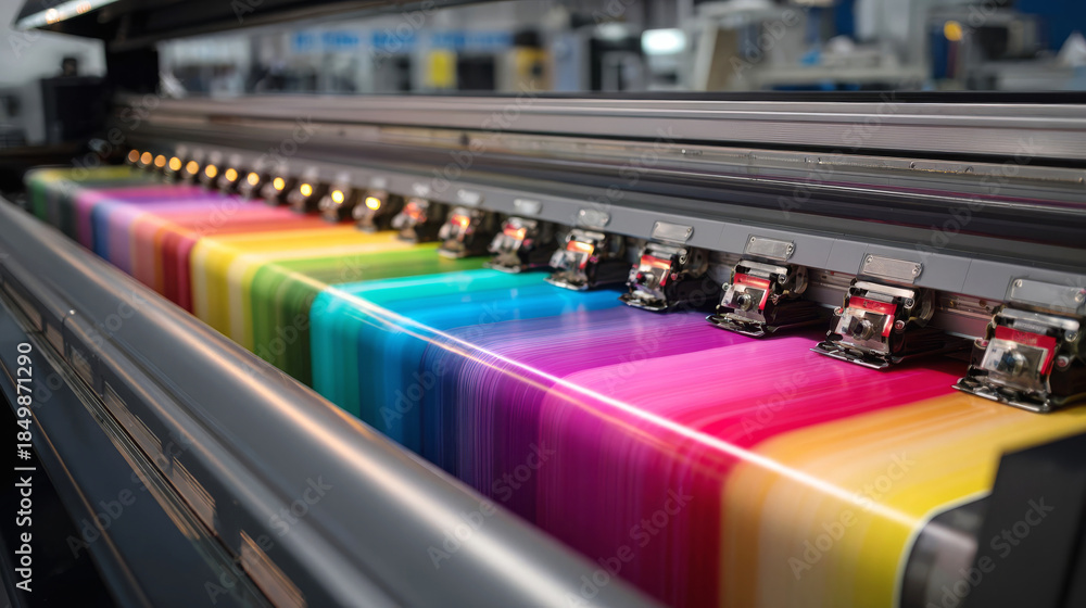 Obraz premium Printing process in a design studio showcases vibrant color patterns on large printer