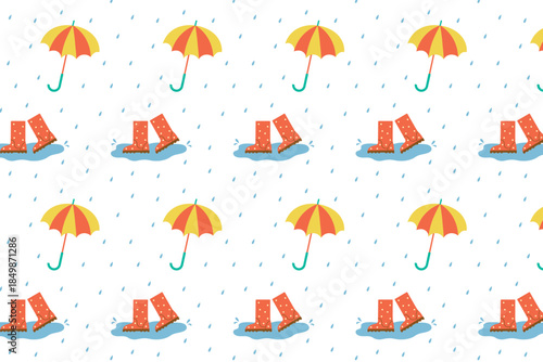 Seamless summer background. Vector seamless background with umbrellas, rain, rubber boots and puddles.