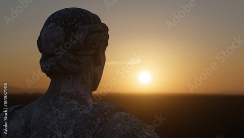Stone statue contemplating the horizon: back of an antique bust illuminated by the morning sunlight.
