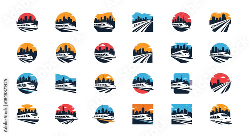 Collection of modern high speed train logo design with urban silhouette backdrop