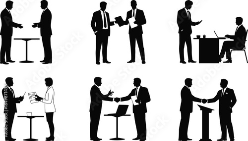 Business interaction silhouette vector set, black professional icon, meeting handshake presentation, corporate communication design, workplace discussion concept illustration