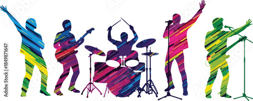 Colorful band performance, music silhouette illustration, vibrant stage energy, multicolor musician vector, live concert art, dynamic entertainment scene, musical expression design