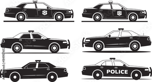 Police car silhouette vector set, black patrol vehicle icons, side view law enforcement design, emergency transport illustration, security symbol collection