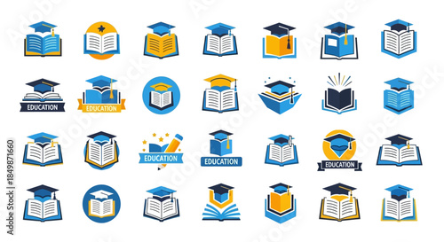 Diverse set of education icons with mortarboards and books symbolizing learning