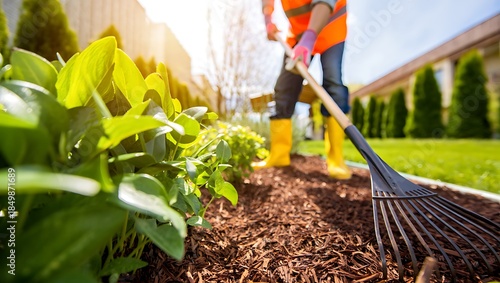 Professional gardener shoveling soil in a sunny residential garden, showcasing landscaping, home improvement, outdoor maintenance, plant care, growth, and healthy green environment during spring.