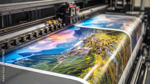 Large printer creates colorful landscape prints in a production room during the day