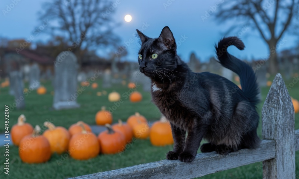 Obraz premium Black cat perched on fence in pumpkin-filled graveyard under moonlight