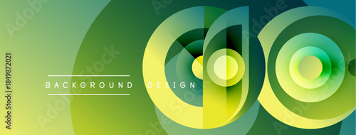 Abstract green layers create dynamic visual effect. Overlapping circles suggest depth, modern design elements present. Minimalist text complements composition.