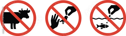 Animal prohibition sign vector set, no livestock, no bird feeding, no fish feeding icons, red circle symbol, wildlife rule illustration