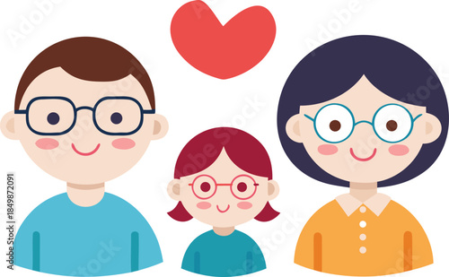 Three smiling people with glasses and a heart above them three people family