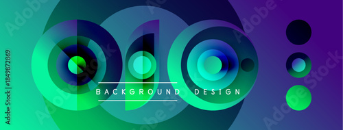 Abstract geometric design. Vivid gradients blend turquoise, purple, blue. Circles overlap creating dynamic visual effect. Text reads background design.