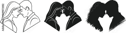 Couple forehead touch silhouette, romantic intimacy vector, emotional connection illustration, artistic love pose, black and white design, expressive relationship concept