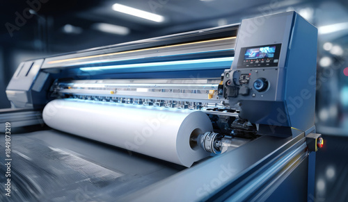 High-tech printer in action at a print shop during the day