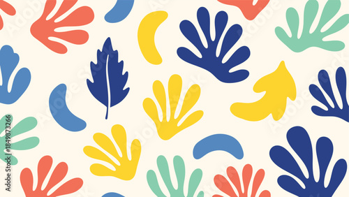 vibrant flat vector seamless pattern of abstract organic shapes and botanical elements in playful colors