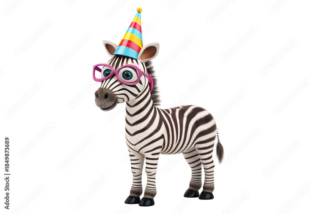 Fototapeta premium Cute cartoon zebra with pink glasses and rainbow party hat, isolated on a transparent background