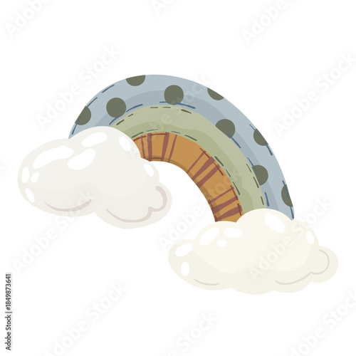 Boho rainbow with fluffy clouds, hand drawn vector illustration. Cute nursery sky element for baby shower and kids room design.