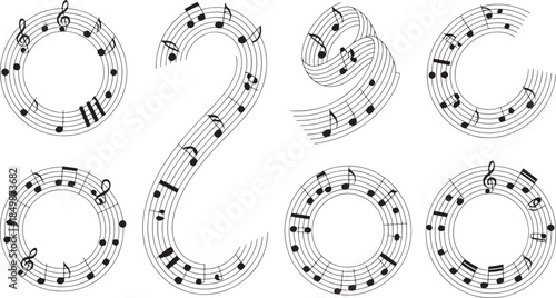 Musical Note Frames and Circular Staff Borders Set – Abstract Music Symbols, Treble Clef and Notes Forming Round, Wave and Spiral Shapes for Music Design and Decoration