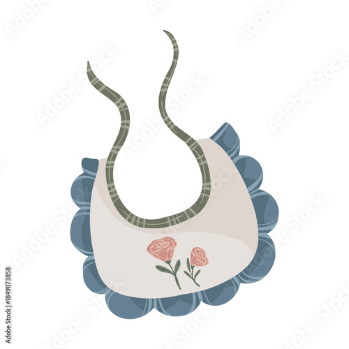 Baby bib with floral pattern and ruffles, hand drawn vector illustration.