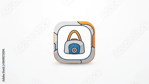Futuristic sci-fi bag icon with industrial mecha design elements, white and orange tactical tech container vector illustration, medical supply kit or equipment pouch for gaming UI, modern utility.