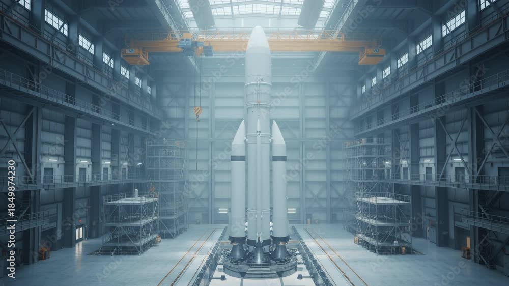 Rocket Inspection Two Engineers Monitor Telemetry on a Laptop While Overseeing a Massive ...