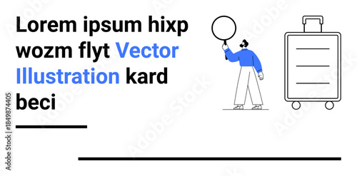 Man holding a round object beside a suitcase. Bold minimalist design with text overlay. Ideal for travel, exploration, business, e-commerce, branding, user guides, advertisements simple landing page