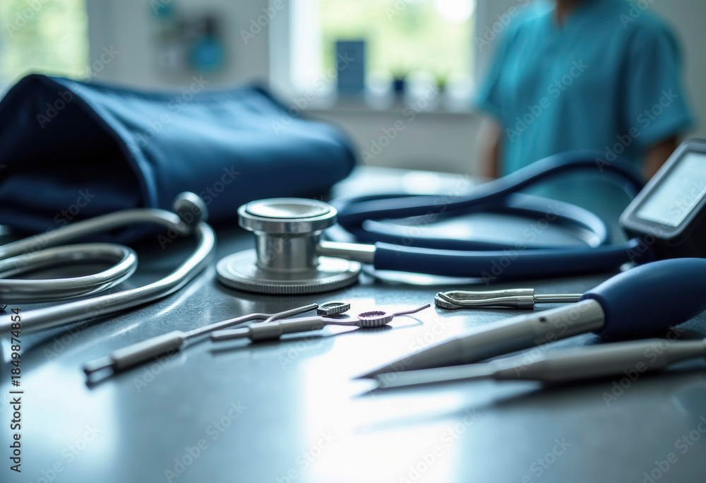 © Elena - A set of modern medical instruments and devices laid out on a sterile stainless steel surface under bright clinical lighting. © Elena - A set of modern medical instruments and devices laid out on a sterile stainless steel surface under bright clinical lighting.