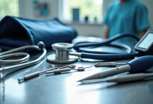 A set of modern medical instruments and devices laid out on a sterile stainless steel surface under bright clinical lighting.