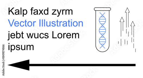 Scientific research, biotechnology, DNA analysis, data flow, innovation, genetics. A test tube with DNA strands, arrows and bold text. s scientific research and biotechnology concepts