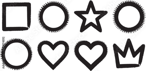 Graffiti Spray Paint Symbols and Icon Shapes Set – Urban Street Art Elements with Stars, Hearts, Circles and Abstract Forms on White Background