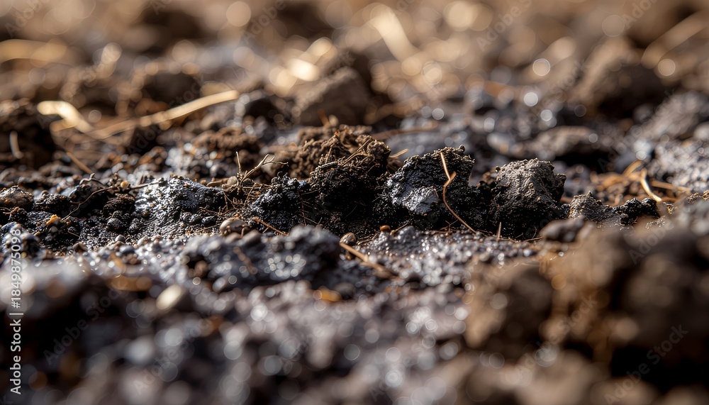 Fototapeta premium Close Up Soil Texture with Small Plant Roots and Natural Ecosystem Detail