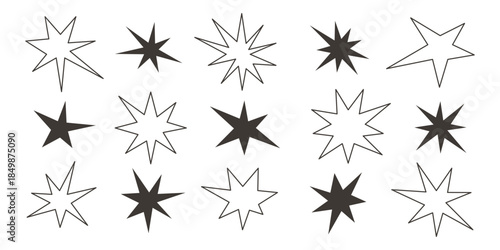 Black and white sharp shapes collection. Bright irregular sparks and twinkles set. Abstract edgy sparkle and stars elements pack. Asymmetry angular forms bundle for banners, collages, posters, sticker