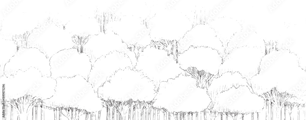 Fototapeta premium Tree Silhouette Set – Deciduous Tree Icons and Landscape Symbols in Black and White on Light Background