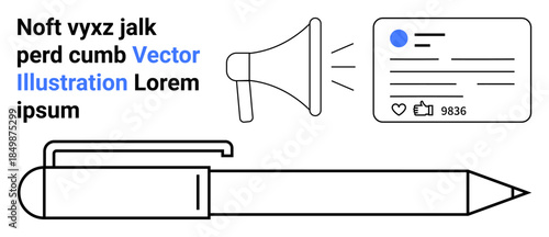 Marketing, communication, social media promotion, advertising, branding, content creation. A megaphone, a social media post and a pen are . Marketing and communication concept