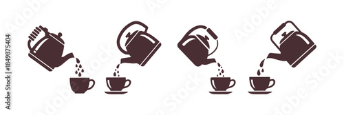 Pouring water from a kettle into a cup featuring 4 unique designs. Line art kitchen icon. Vector illustration.
