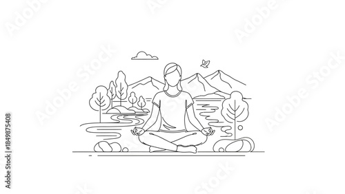 Serene woman meditating in nature with mountain lake view
