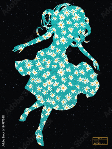Patterned silhouette of flying woman. White daisies, summer flowers