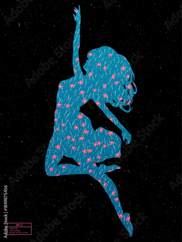 Patterned silhouette of flying woman. Tiny red flowers floral pattern