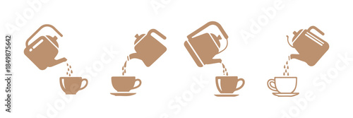 Easy pouring water from a kettle into a cup with 4 different designs. Kitchen line icon. Vector illustration.