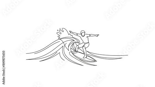 Surfer riding ocean wave with arms outstretched in dynamic motion