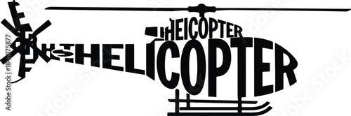 Black and white word art forming the silhouette of a helicopter