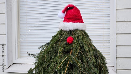 Minimalist Christmas Tree with Santa Hat and Red Nose Outdoors