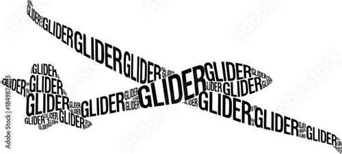Black and white word cloud forming the shape of a glider aircraft in flight