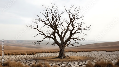 Dead Tree in Dry Cracked Earth Under Hazy Sky Illustrating Drought