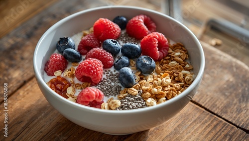 Rustic style morning meal: ceramic bowl filled with granola, fruit, and yogurt by a window.