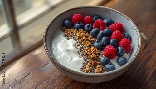 Nutritious muesli and yogurt bowl topped with mixed berries and superfood seeds, natural morning light.